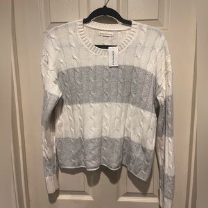 Aeropostale Women's Striped Cable Knit Crew Sweater - White & Light Gray